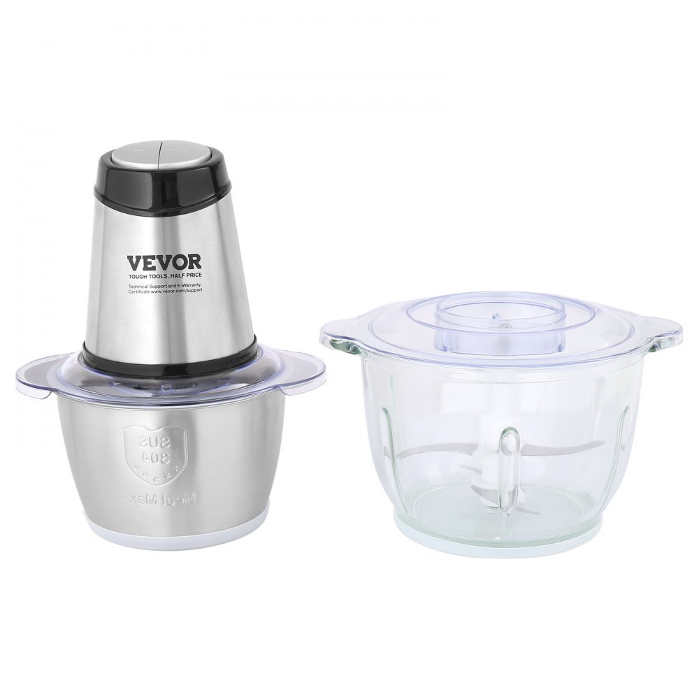 Procesador de alimentos VEVOR, picadora de carne eléctrica con cuchillas de acero inoxidable de 4 asas, capacidad de 8 tazas + 5 tazas, dos tazones, 400 W, 2 velocidades, para comida de bebé, carne, cebolla y verduras.