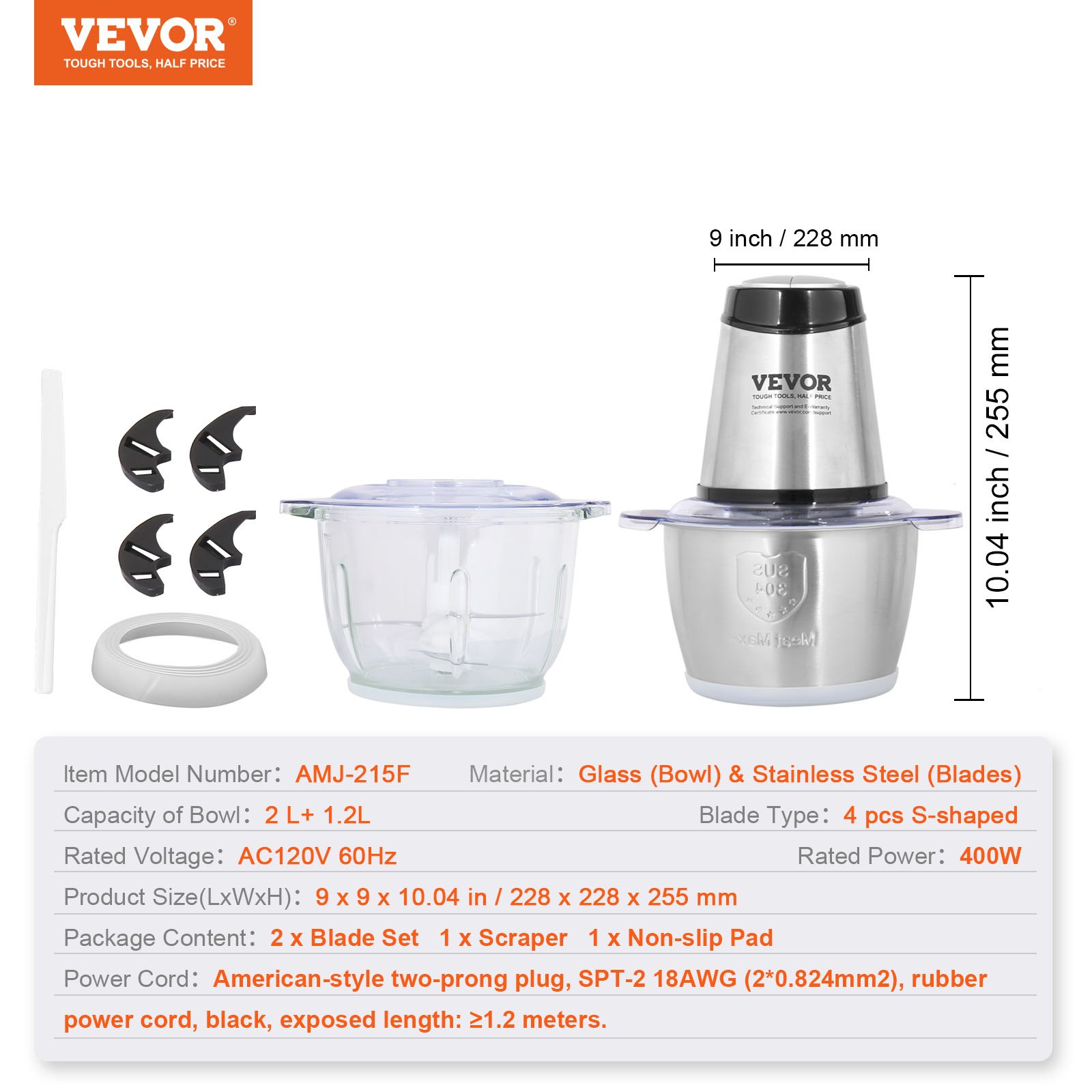 Procesador de alimentos VEVOR, picadora de carne eléctrica con cuchillas de acero inoxidable de 4 asas, capacidad de 8 tazas + 5 tazas, dos tazones, 400 W, 2 velocidades, para comida de bebé, carne, cebolla y verduras.
