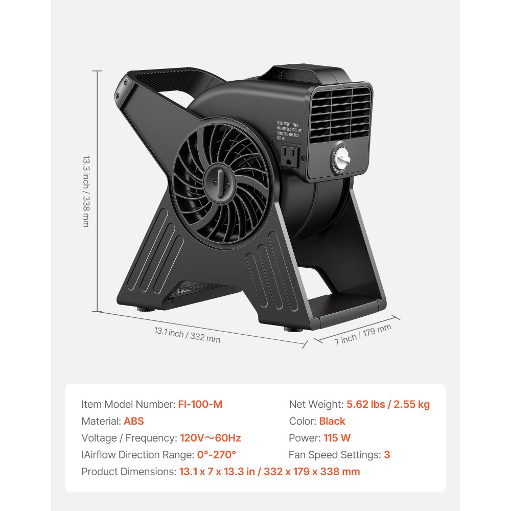 Ventilador portátil VEVOR de 33 cm, 300 CFM, 3 velocidades, flujo de aire multiángulo, ligero y portátil, de alta velocidad, para secar, deshumidificar, alfombras, circulación de aire y refrigeración.