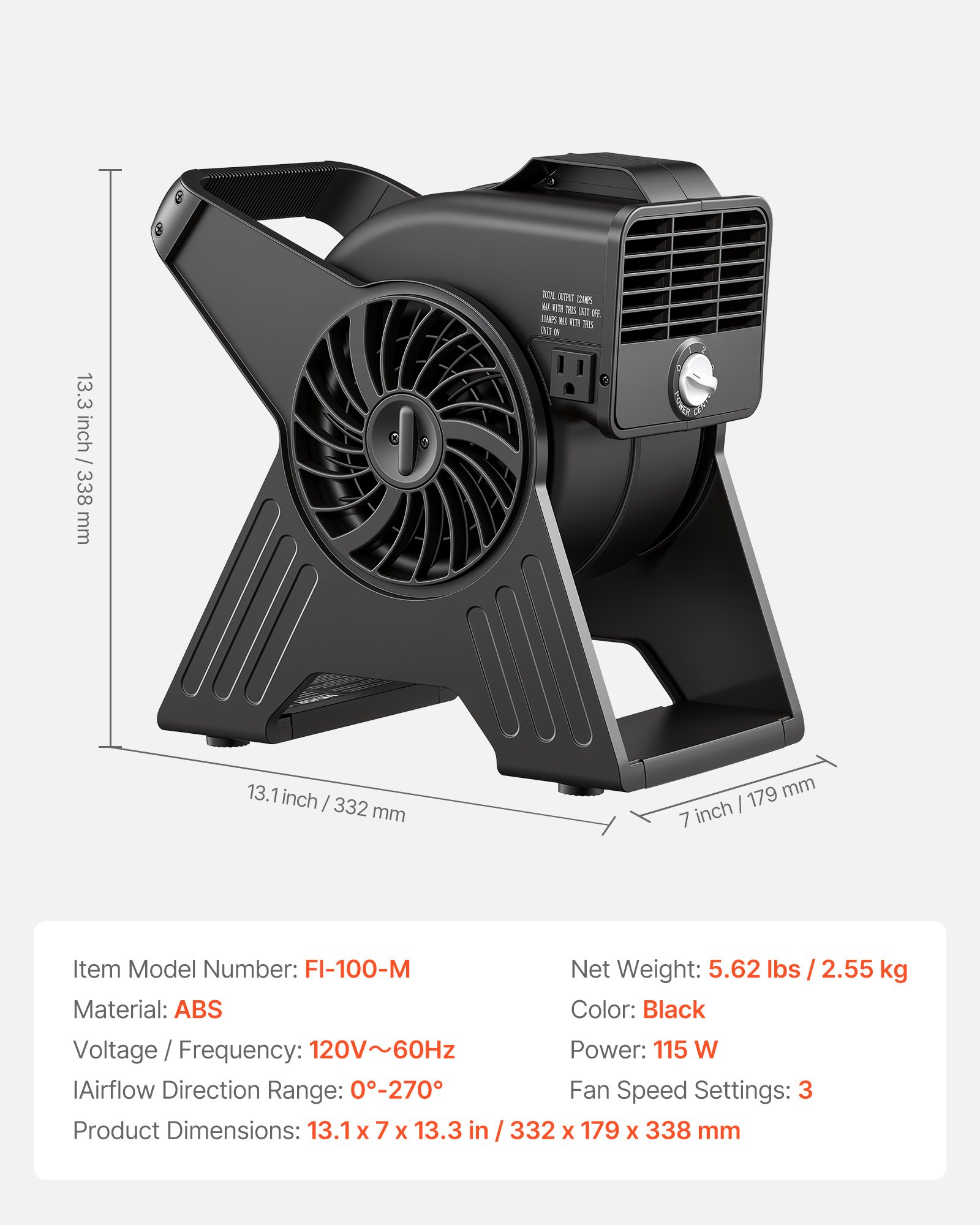 Ventilador portátil VEVOR de 33 cm, 300 CFM, 3 velocidades, flujo de aire multiángulo, ligero y portátil, de alta velocidad, para secar, deshumidificar, alfombras, circulación de aire y refrigeración.