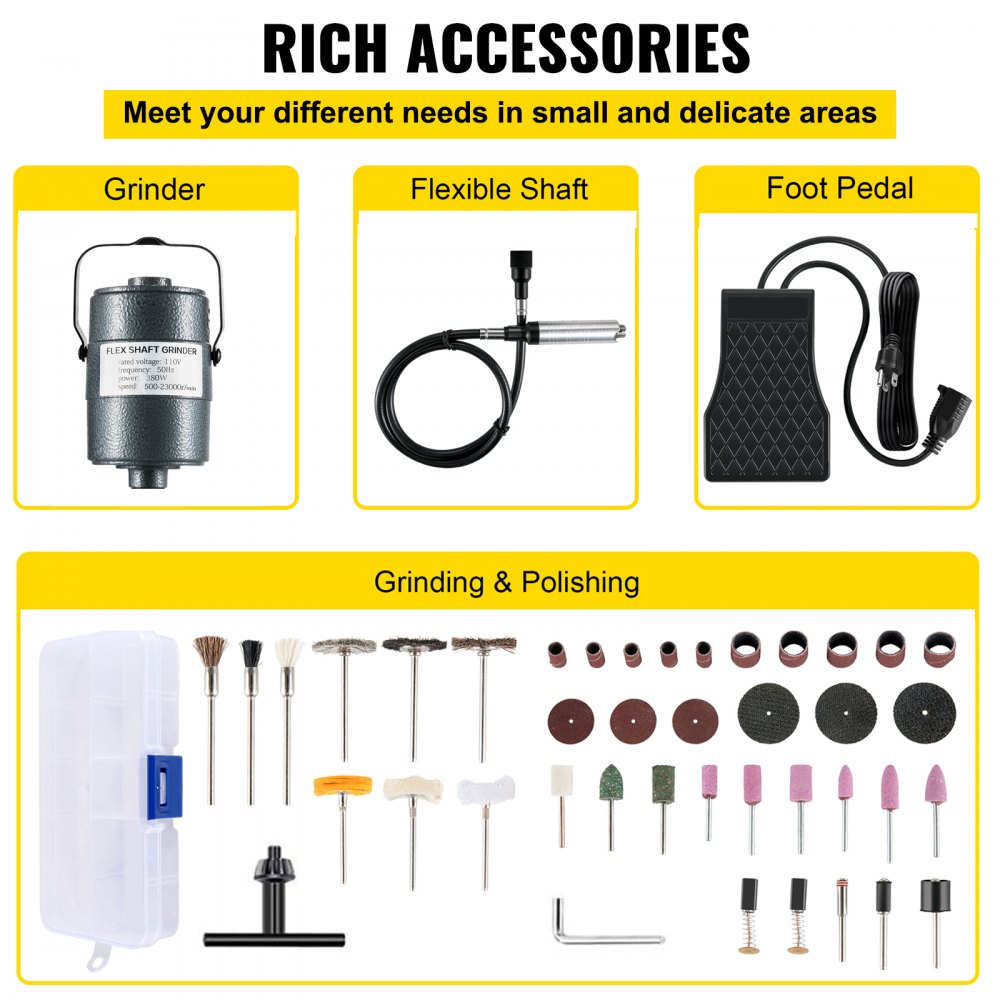 VEVOR Flex Shaft Grinder 380W Herramienta rotativa 500-23000RPM Rotary Carver con mandril de 3 mordazas de 1/4 "y pedal de velocidad continua Máquina de molienda colgante 131PCS Accesorios para pulido de joyas Bricolaje