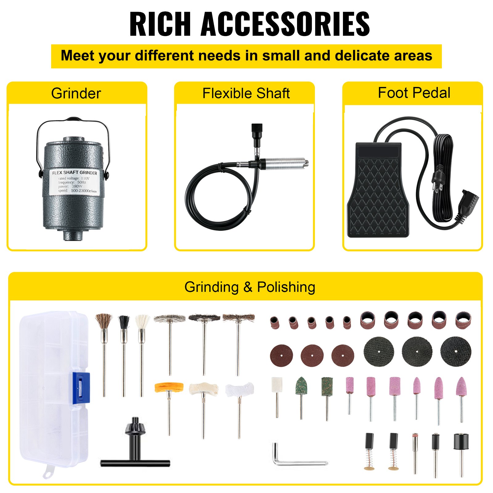 VEVOR Flex Shaft Grinder 380W Herramienta rotativa 500-23000RPM Rotary Carver con mandril de 3 mordazas de 1/4 "y pedal de velocidad continua Máquina de molienda colgante 131PCS Accesorios para pulido de joyas Bricolaje