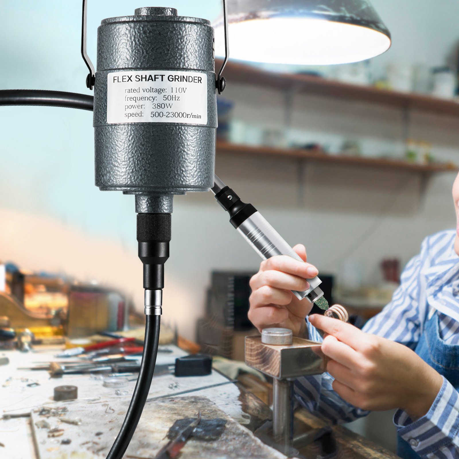 VEVOR Flex Shaft Grinder 380W Herramienta rotativa 500-23000RPM Rotary Carver con mandril de 3 mordazas de 1/4 "y pedal de velocidad continua Máquina de molienda colgante 131PCS Accesorios para pulido de joyas Bricolaje