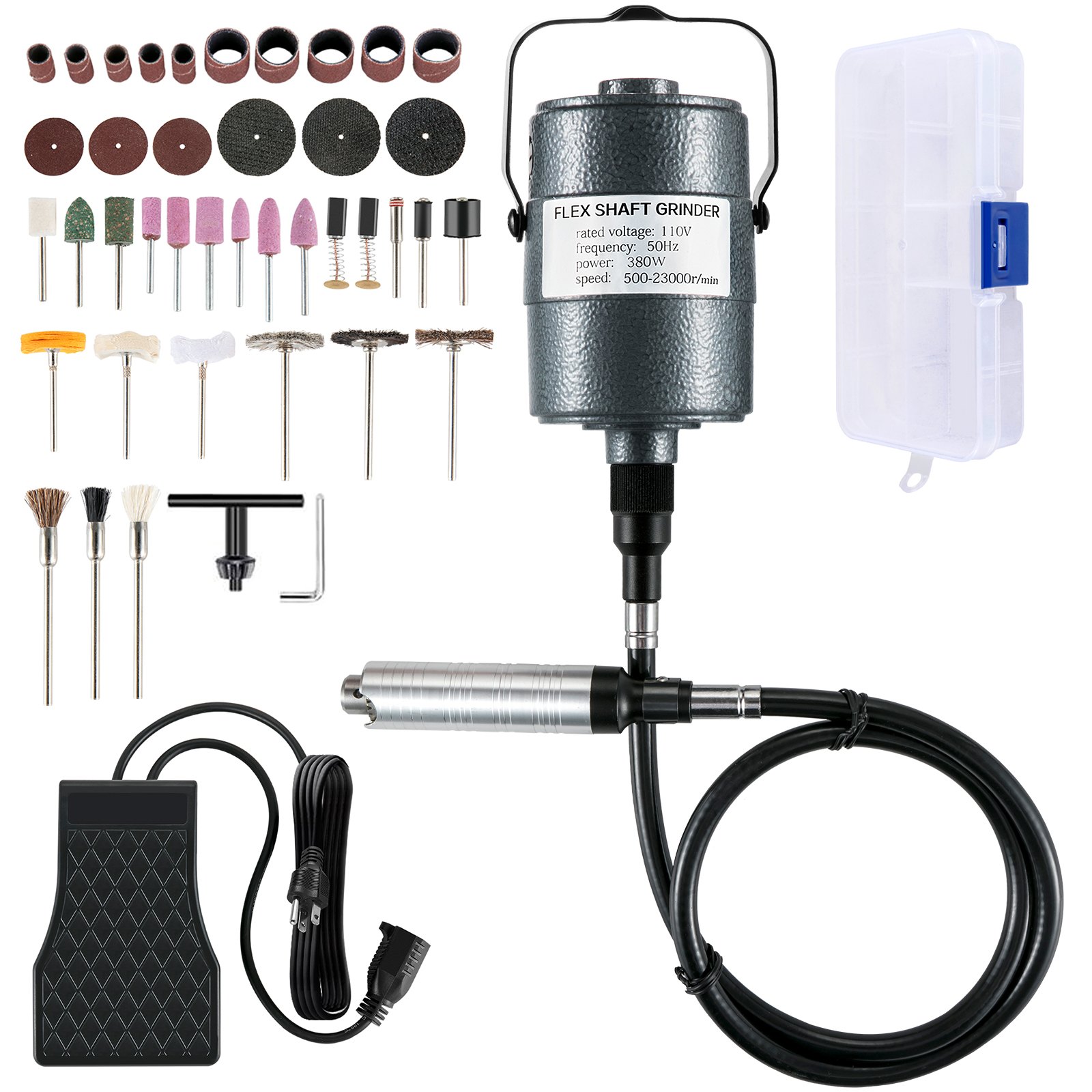 VEVOR Flex Shaft Grinder 380W Herramienta rotativa 500-23000RPM Rotary Carver con mandril de 3 mordazas de 1/4 "y pedal de velocidad continua Máquina de molienda colgante 131PCS Accesorios para pulido de joyas Bricolaje