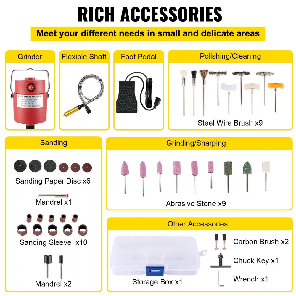 VEVOR Flex Shaft Grinder 560W Herramienta rotativa con mandril de 3 mordazas de 1/4 "y pedal de velocidad continua Carver giratorio 500-25000RPM Máquina de molienda colgante 131PCS para tallar, pulir, taladrar, pulir
