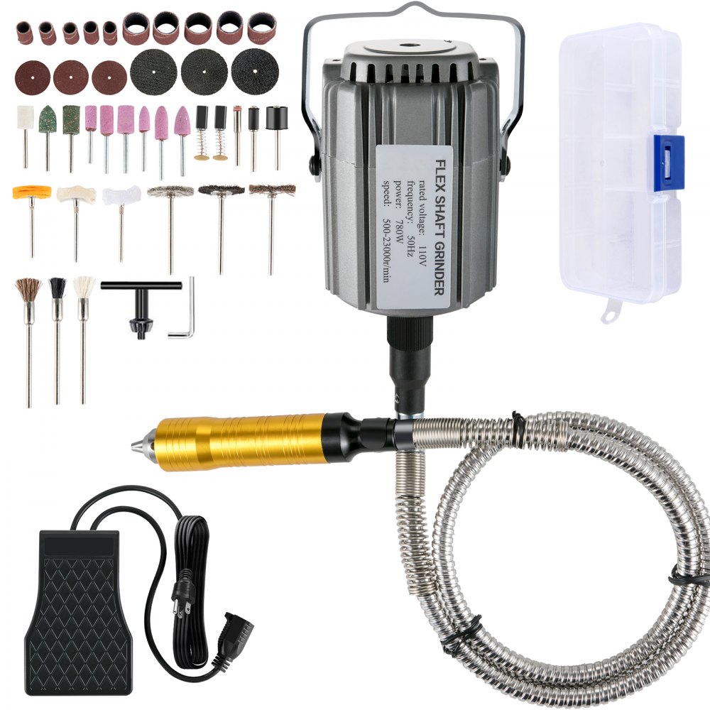 Amoladora de eje flexible VEVOR de 780 W, herramienta rotativa de 500-23 000 RPM, con mandril de 3 mordazas de 1/4" y pedal de velocidad continua, 131 accesorios para pulir joyas y amolar.