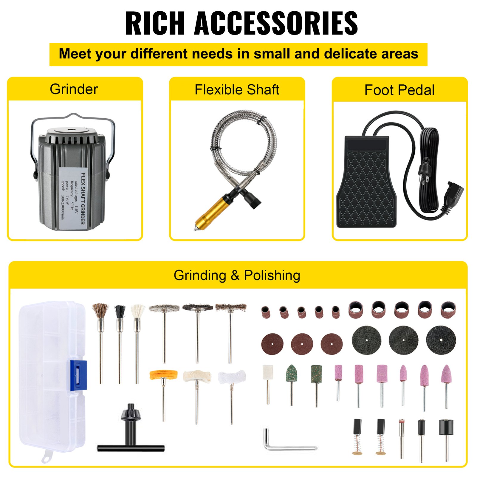 Amoladora de eje flexible VEVOR de 780 W, herramienta rotativa de 500-23 000 RPM, con mandril de 3 mordazas de 1/4" y pedal de velocidad continua, 131 accesorios para pulir joyas y amolar.