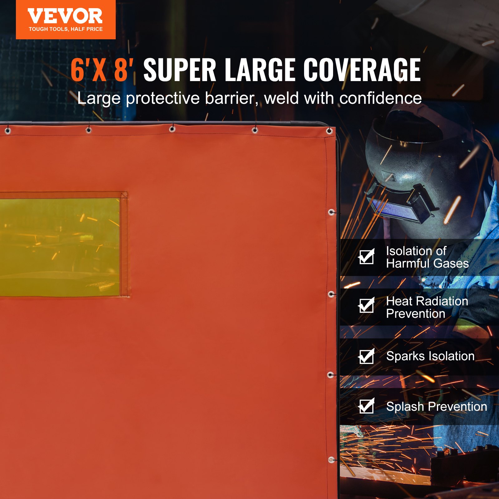 Pantalla de soldadura VEVOR con marco, 1,83 m x 2,44 m, pantalla de protección de soldadura de vinilo ignífugo con 4 ruedas giratorias (2 bloqueables) y ventana transparente para taller/industria, color rojo