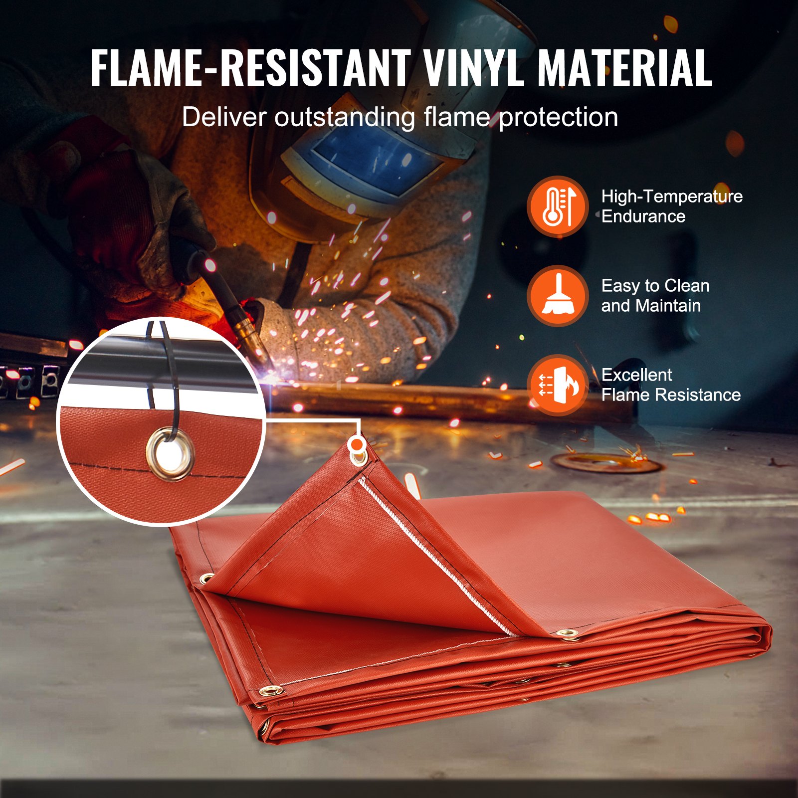 Pantalla de soldadura VEVOR con marco, 1,83 m x 2,44 m, pantalla de protección de soldadura de vinilo ignífugo con 4 ruedas giratorias (2 bloqueables) y ventana transparente para taller/industria, color rojo