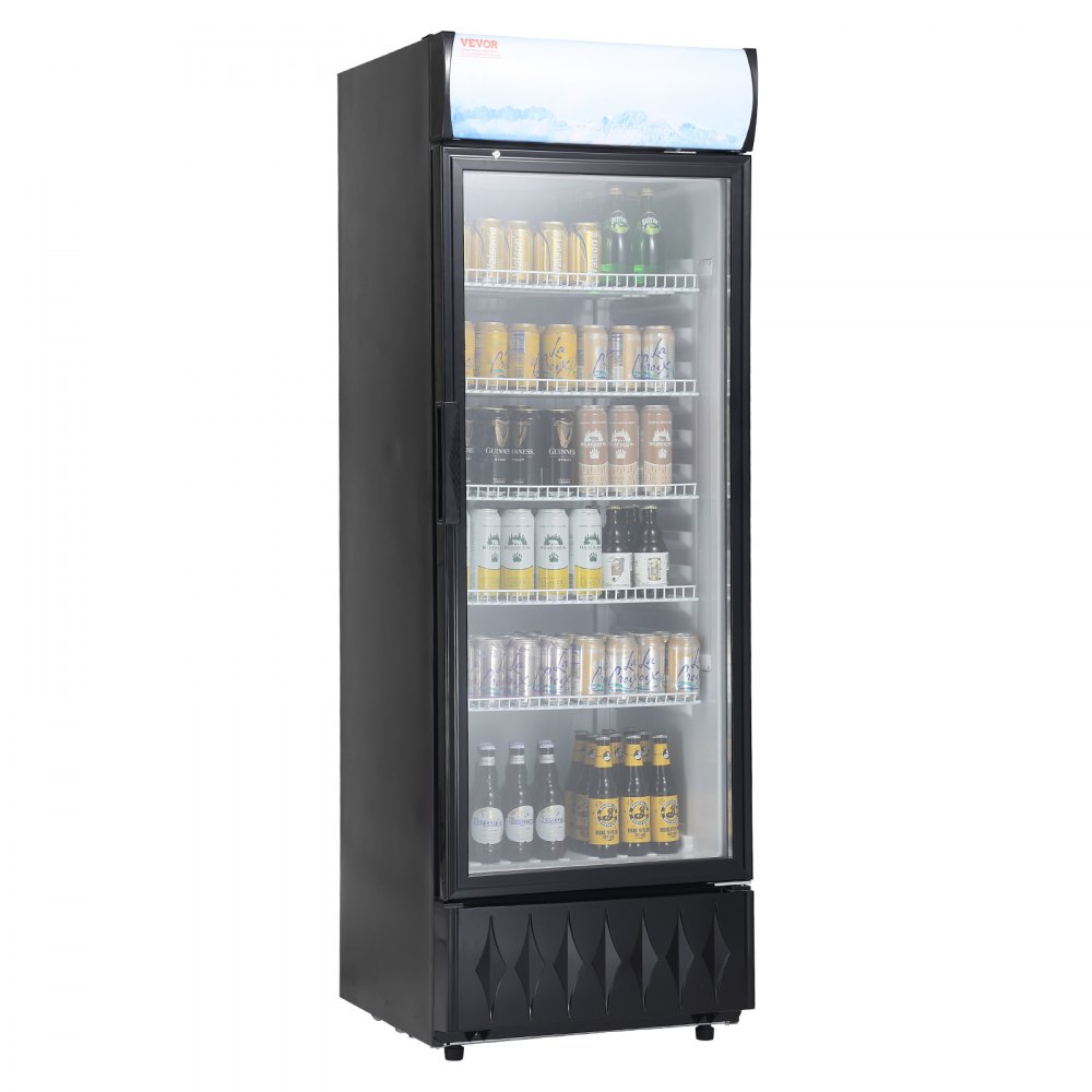 Refrigerador comercial VEVOR lleno de diversas bebidas en múltiples estantes.