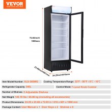 VEVOR Refrigerador Comercial Comercial, 12.2 Pies Cu./345L Refrigerador de Bebidas Refrigerador Comercializador, Refrigerador Vertical con Puerta de Vidrio con 5 Estantes Ajustables, Caja de Luz Personalizable