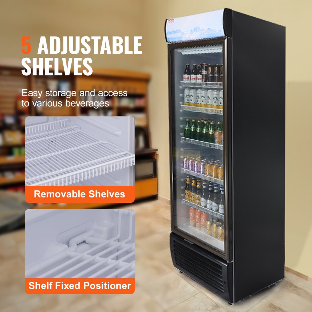 Refrigerador comercial VEVOR, 420 L (14,8 pies cúbicos), refrigerador de bebidas, refrigerador vertical con puerta de vidrio y 5 estantes ajustables, caja de luz personalizable.