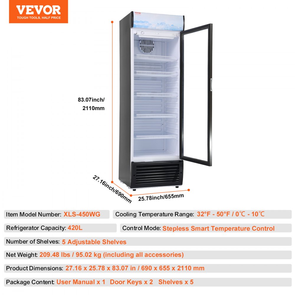 Refrigerador comercial VEVOR, 420 L (14,8 pies cúbicos), refrigerador de bebidas, refrigerador vertical con puerta de vidrio y 5 estantes ajustables, caja de luz personalizable.