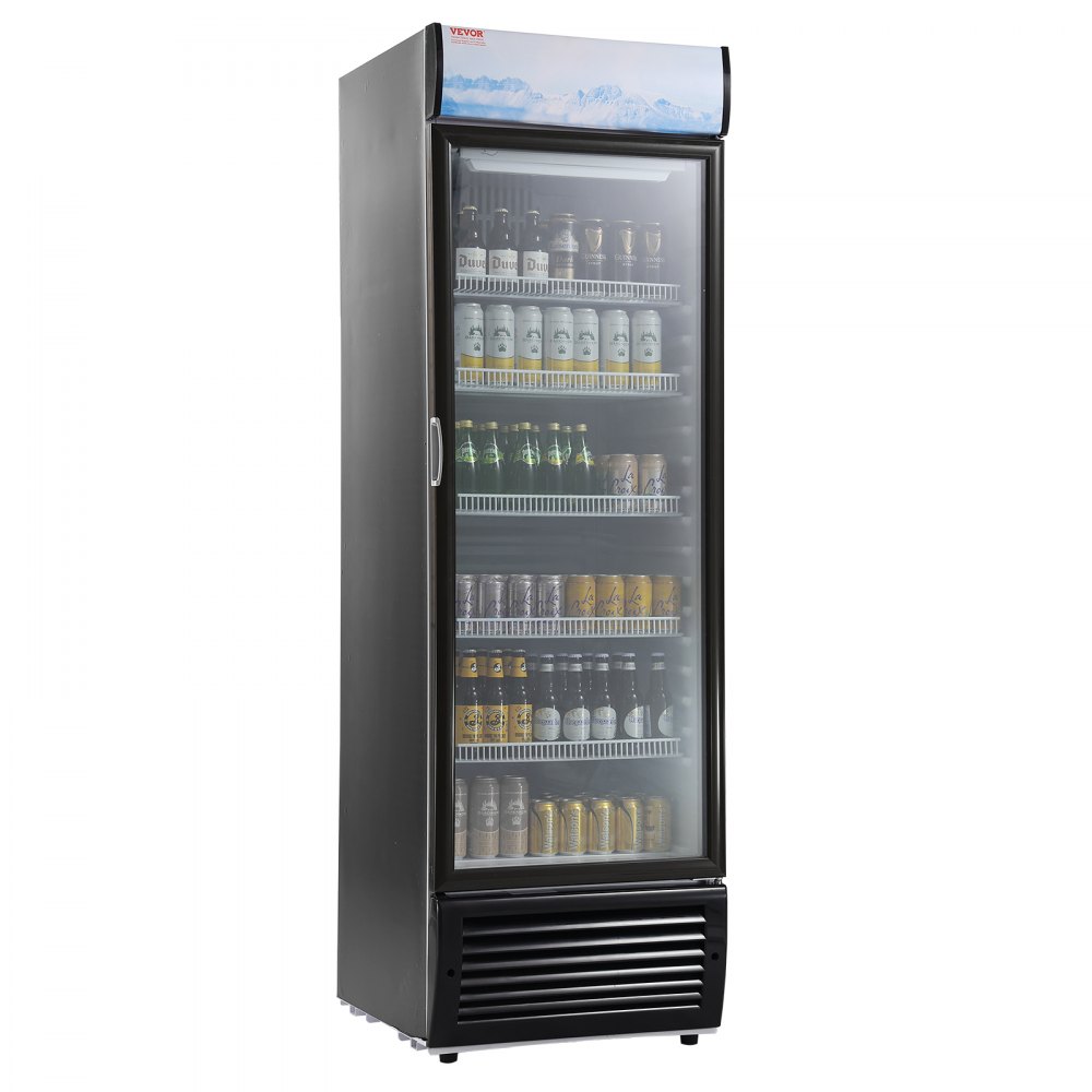 Refrigerador comercial VEVOR, 420 L (14,8 pies cúbicos), refrigerador de bebidas, refrigerador vertical con puerta de vidrio y 5 estantes ajustables, caja de luz personalizable.