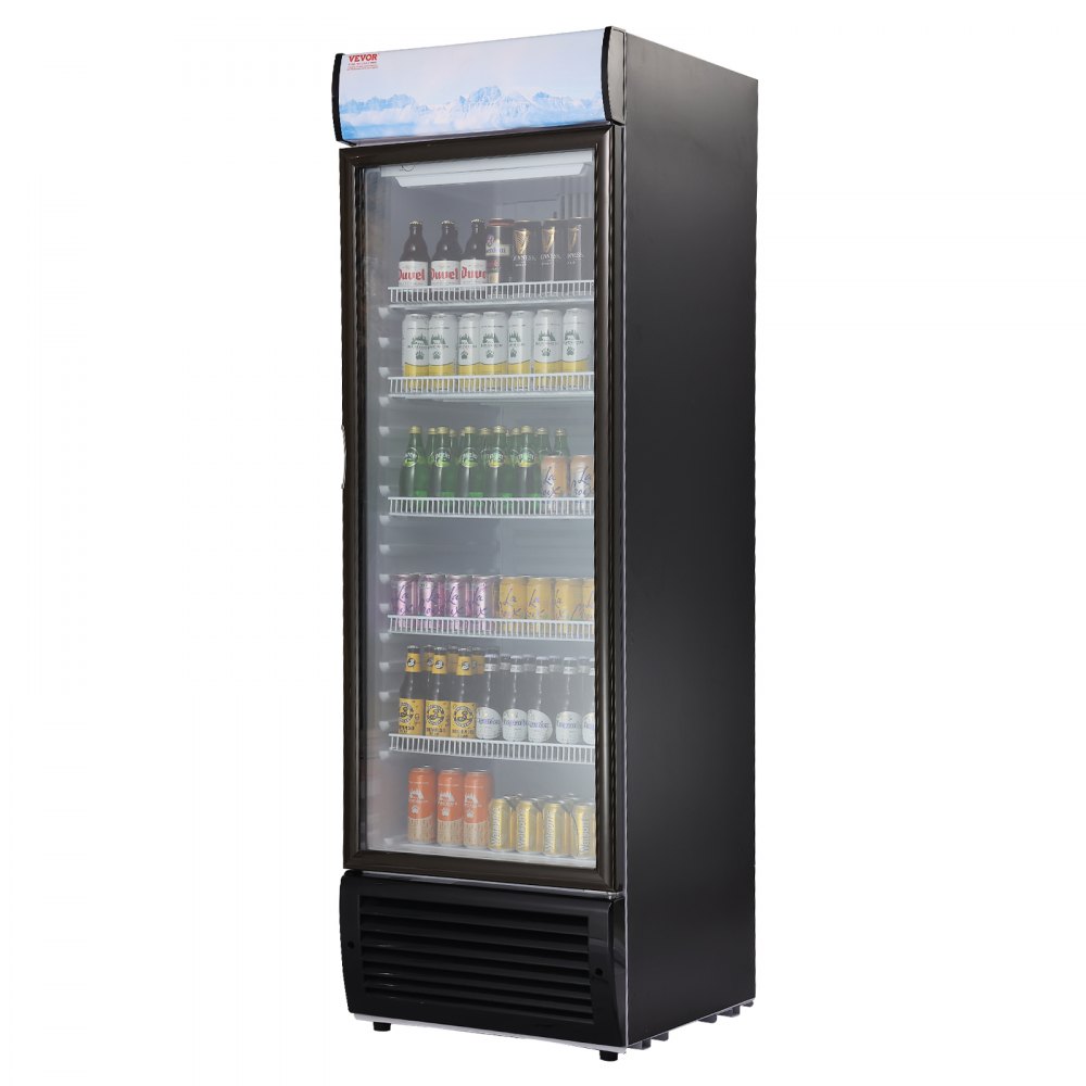 Refrigerador comercial VEVOR, 420 L (14,8 pies cúbicos), refrigerador de bebidas, refrigerador vertical con puerta de vidrio y 5 estantes ajustables, caja de luz personalizable.