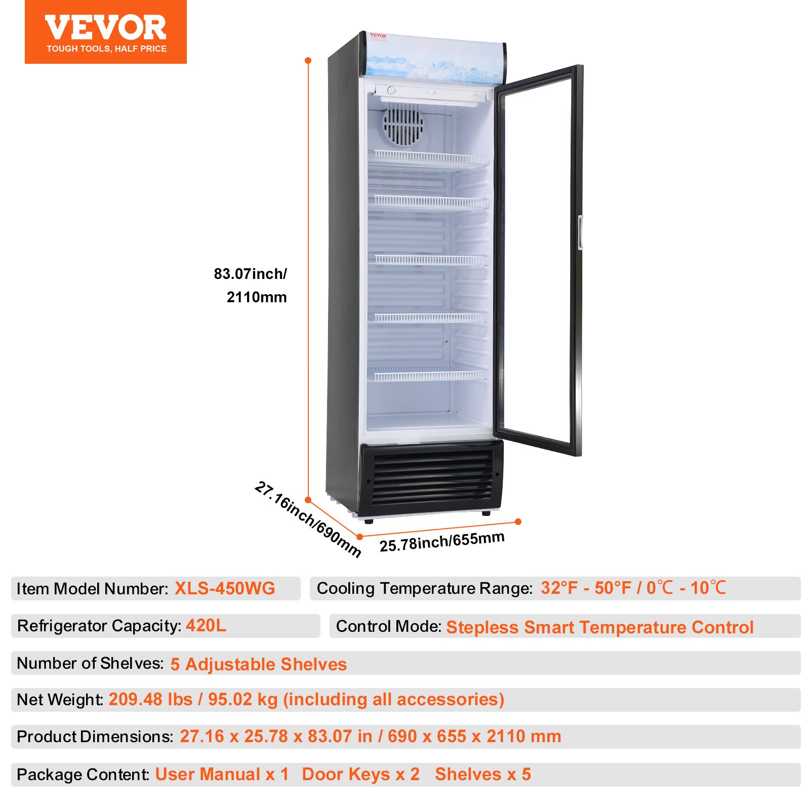Refrigerador comercial VEVOR, 420 L (14,8 pies cúbicos), refrigerador de bebidas, refrigerador vertical con puerta de vidrio y 5 estantes ajustables, caja de luz personalizable.