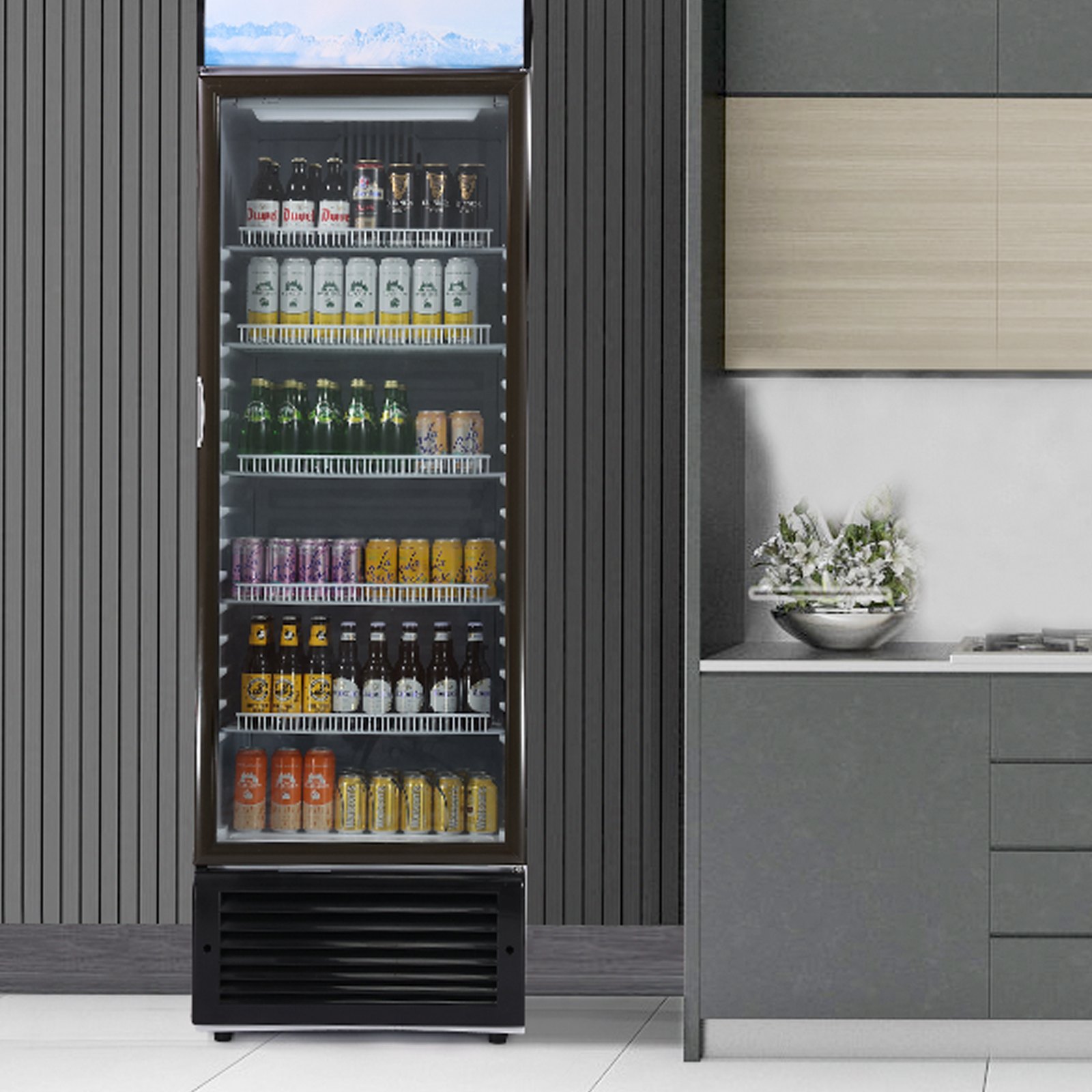 Refrigerador comercial VEVOR, 420 L (14,8 pies cúbicos), refrigerador de bebidas, refrigerador vertical con puerta de vidrio y 5 estantes ajustables, caja de luz personalizable.