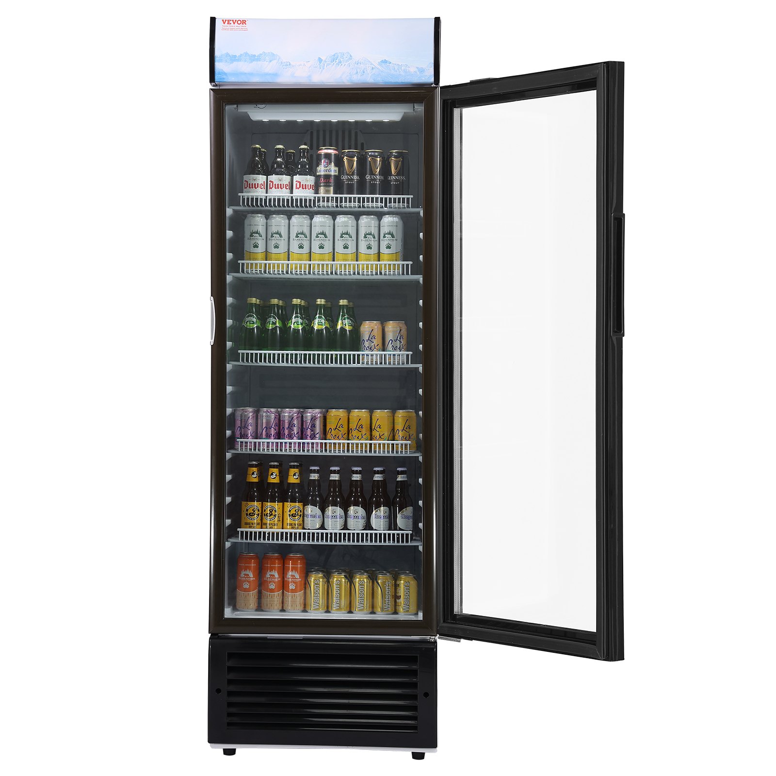 Refrigerador comercial VEVOR, 420 L (14,8 pies cúbicos), refrigerador de bebidas, refrigerador vertical con puerta de vidrio y 5 estantes ajustables, caja de luz personalizable.