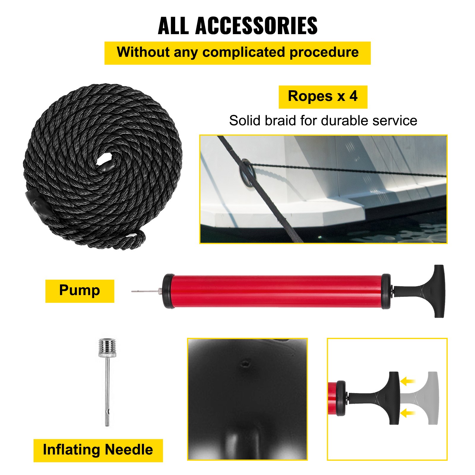 Accesorios para defensas de barco VEVOR: cuerdas, bomba, aguja de inflado para un servicio duradero.