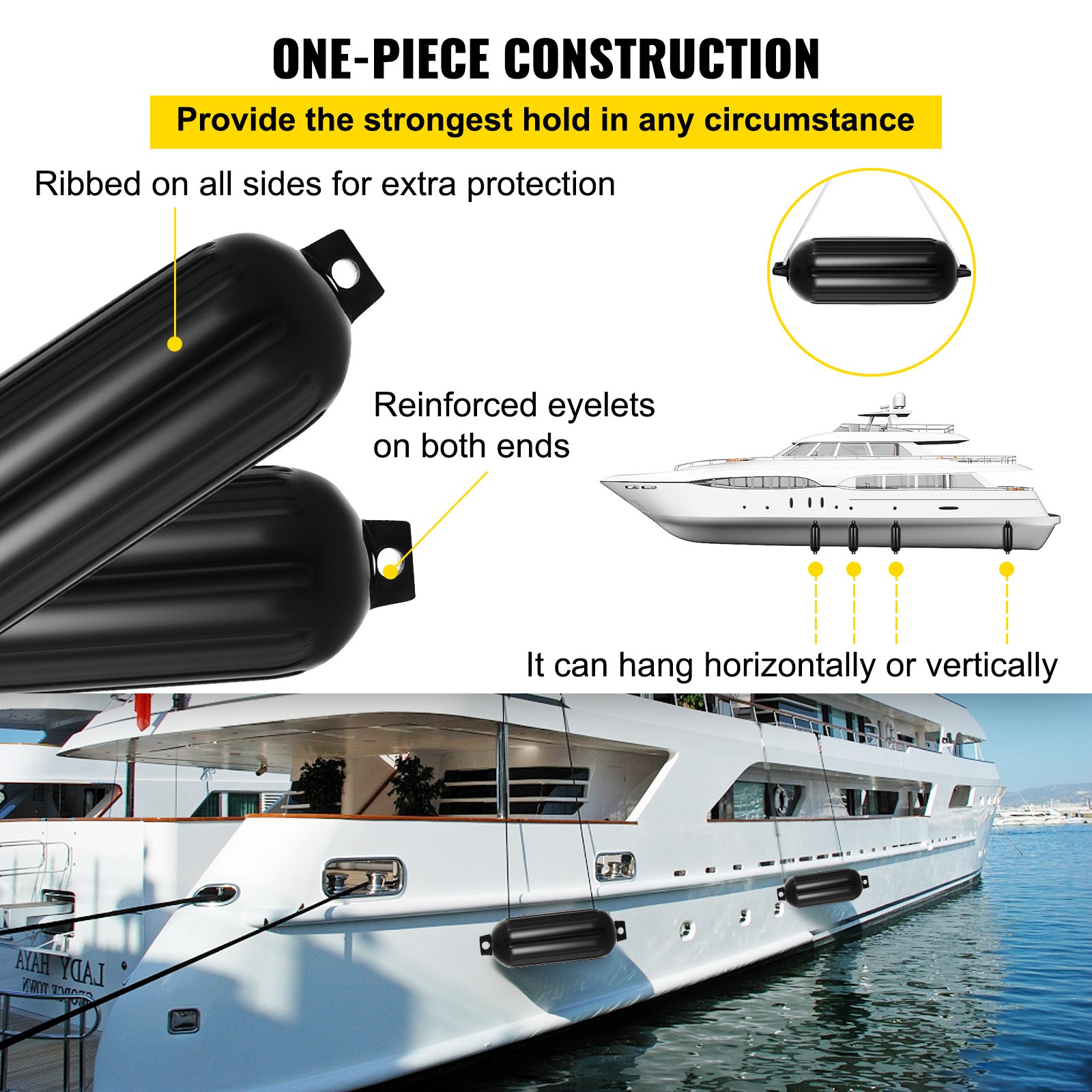 Defensas para barcos VEVOR con ojales reforzados y diseño acanalado para la protección del yate.