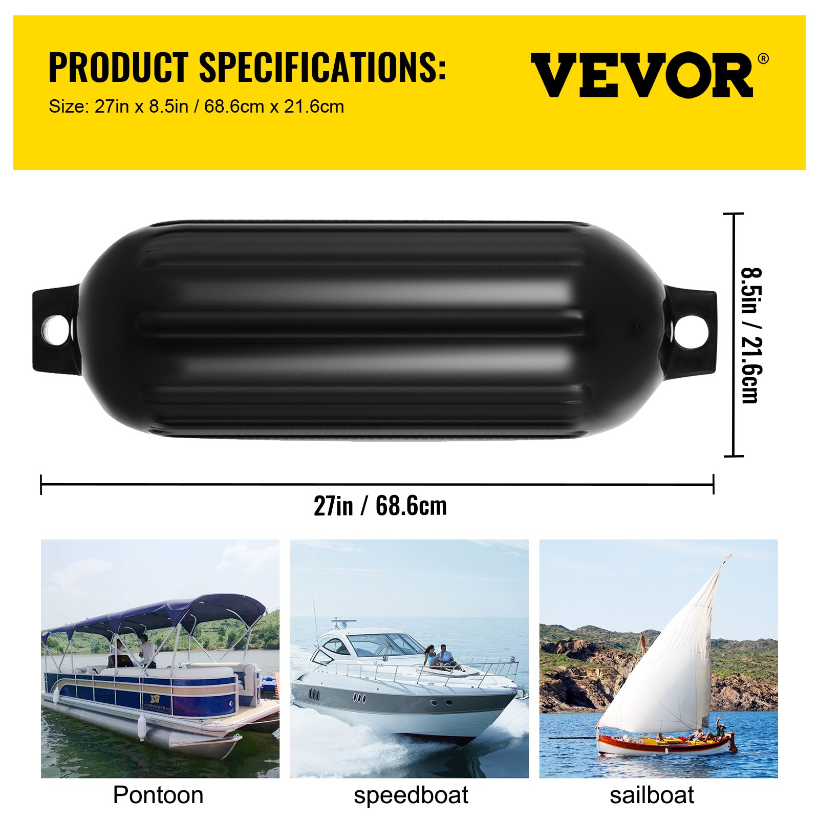Defensas para barco VEVOR en color negro para pontones, lanchas rápidas y veleros; tamaño: 27 x 8,5 pulgadas.