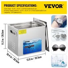 VEVOR Limpiador ultrasónico frecuencia ajustable de 36 KHz ~ 40 KHz 10 L 110 V máquina de limpieza ultrasónica con temporizador digital y calentador