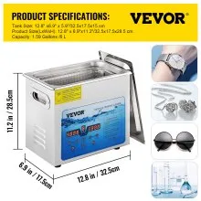 VEVOR Limpiador ultrasónico frecuencia ajustable de 36 KHz ~ 40 KHz 6 L 110 V máquina de limpieza ultrasónica con temporizador digital y calentador