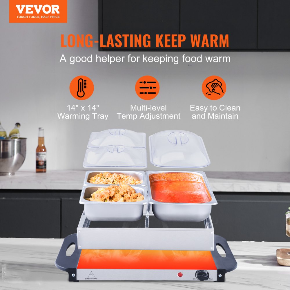 Servidor de buffet eléctrico VEVOR con superficie de calentamiento de 14&quot; x 14&quot;, distribución uniforme del calor y temperatura de hasta 80 °C.