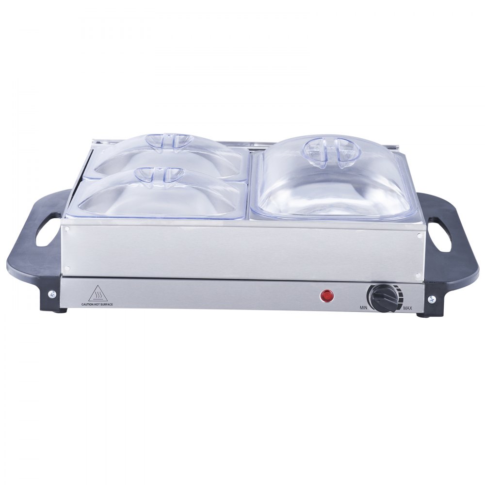 Servidor de buffet eléctrico VEVOR con 4 bandejas cubiertas, cuerpo de acero inoxidable y perilla de control de temperatura.
