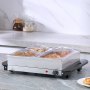 Servidor de buffet eléctrico VEVOR con bandejas de comida sobre encimera de cocina y protector contra salpicaduras de mármol.