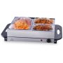 Servidor de buffet eléctrico VEVOR con tres bandejas de comida, tapas de plástico y perilla de control de temperatura ajustable.