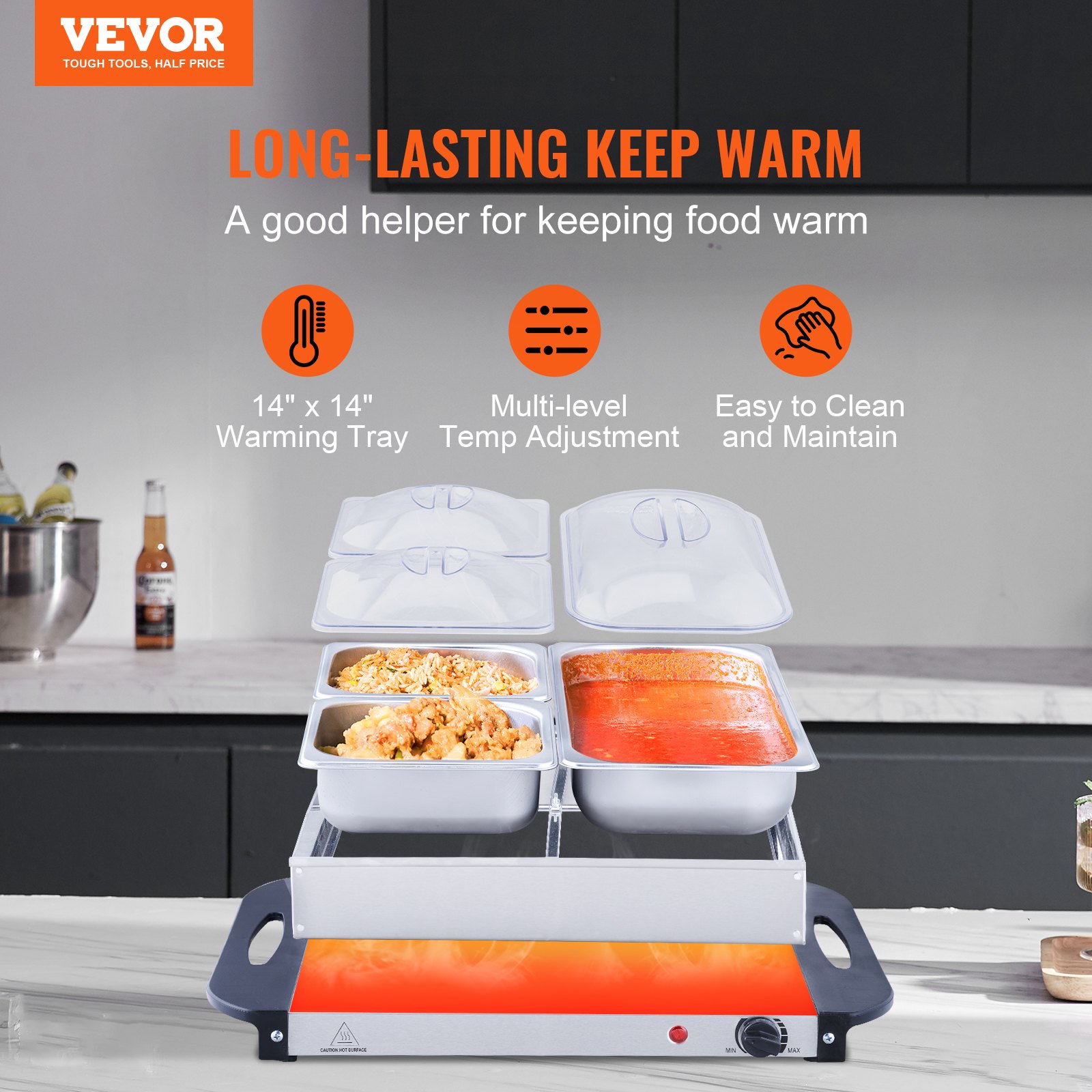 Servidor de buffet eléctrico VEVOR con superficie de calentamiento de 14&quot; x 14&quot;, distribución uniforme del calor y temperatura de hasta 80 °C.