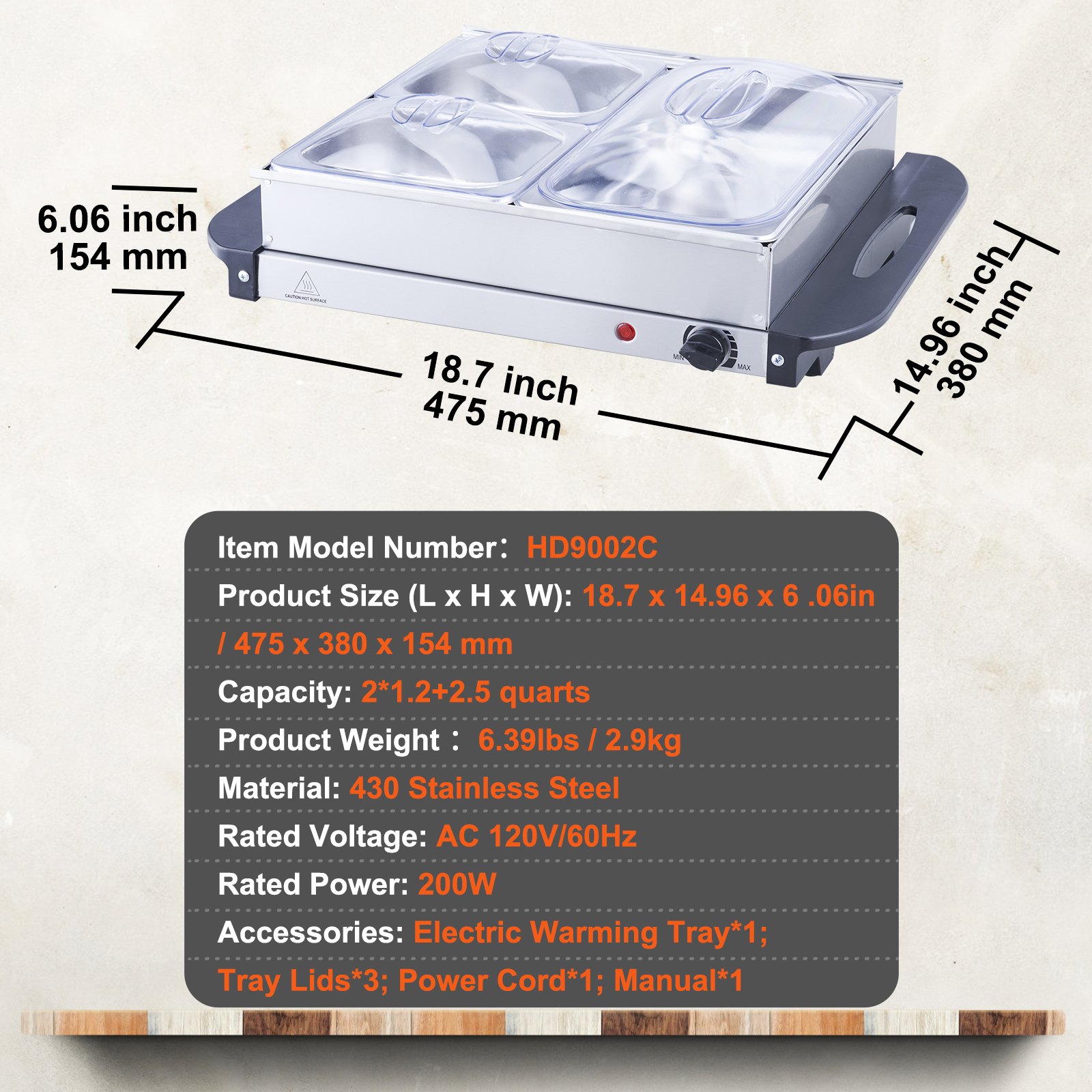 Dimensiones, especificaciones y accesorios del servidor de buffet eléctrico VEVOR con acabado en acero inoxidable.