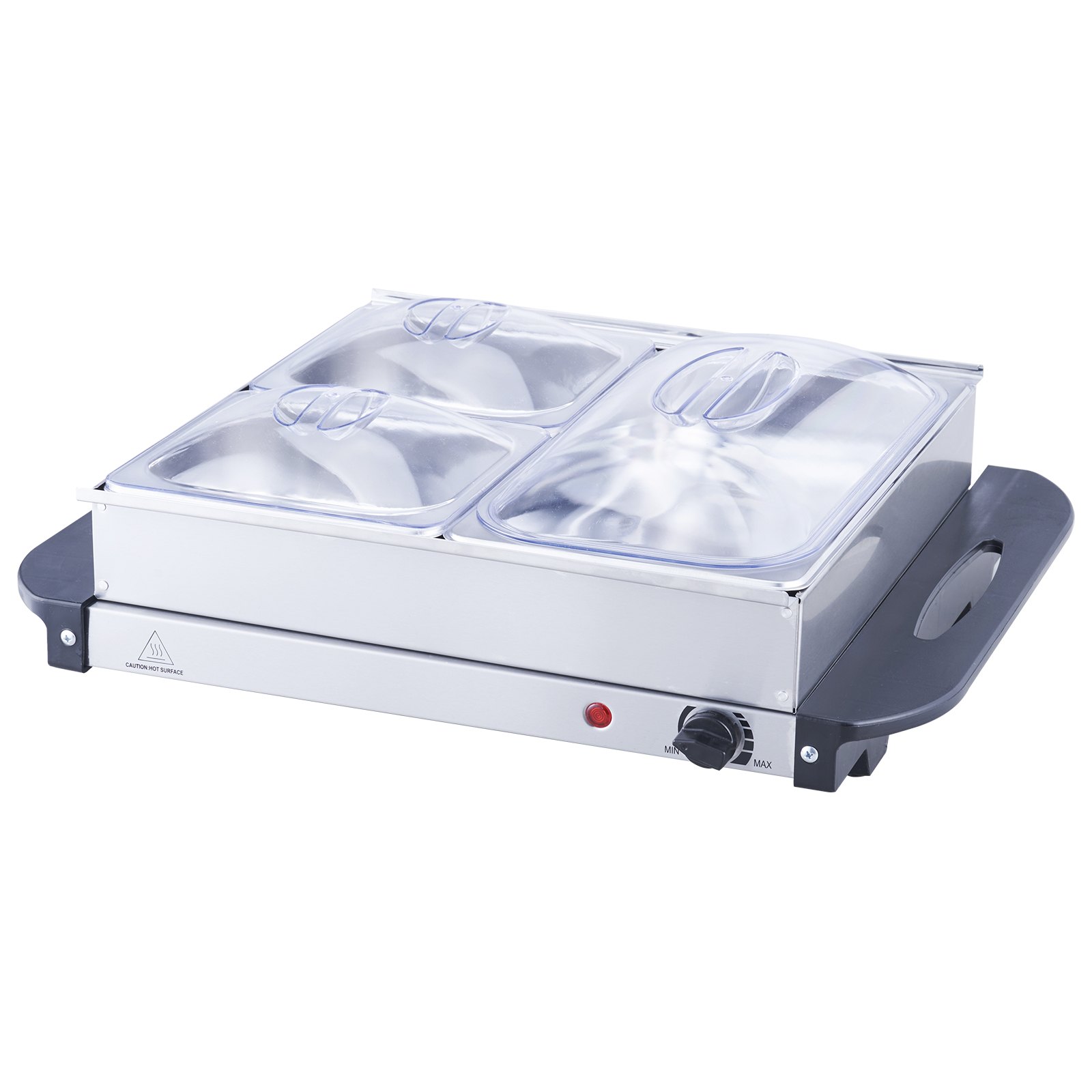 Servidor de buffet eléctrico VEVOR con tres bandejas de comida de acero inoxidable y perilla de control de temperatura ajustable.
