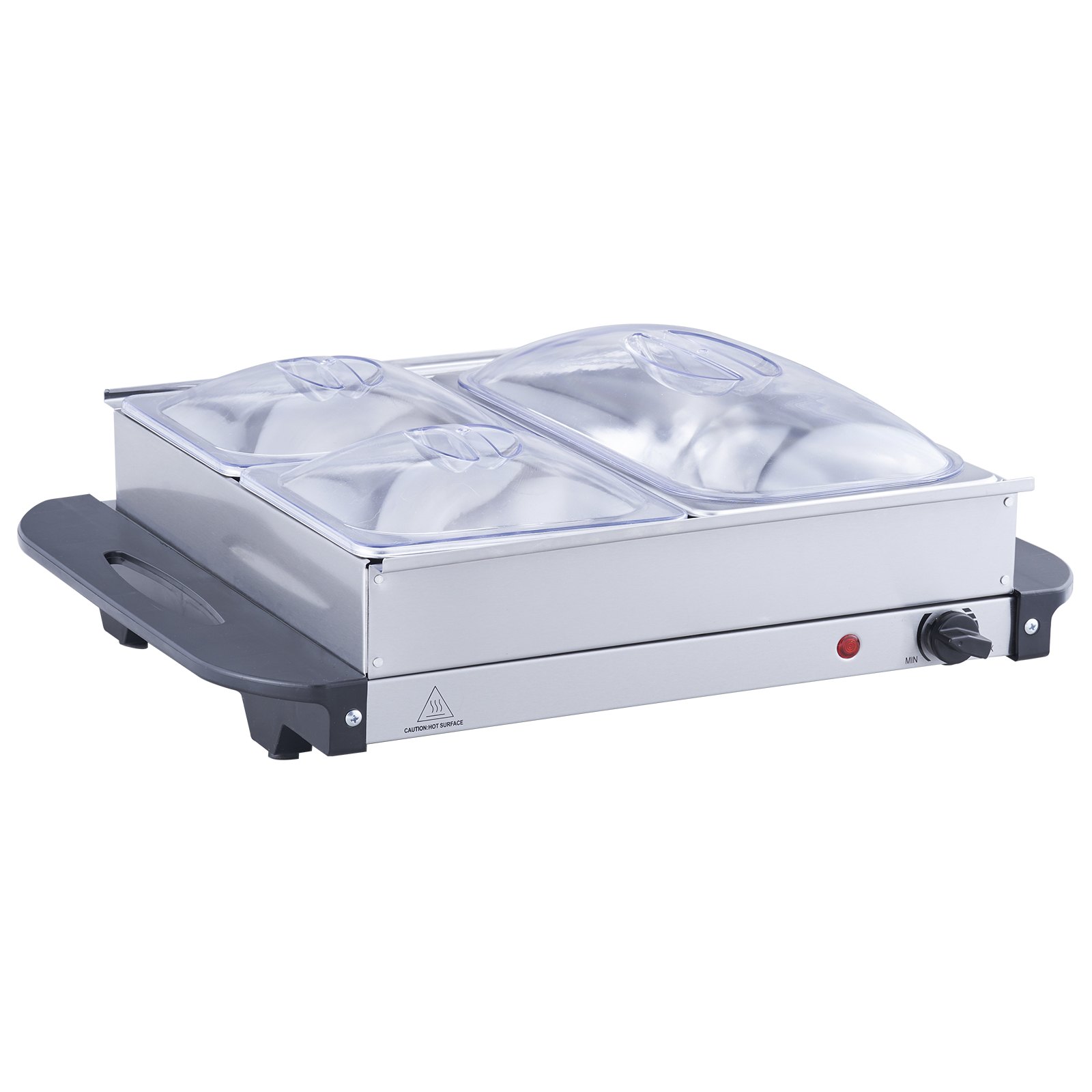 Servidor de buffet eléctrico VEVOR con tapas transparentes, bandejas de acero inoxidable y temperatura ajustable.