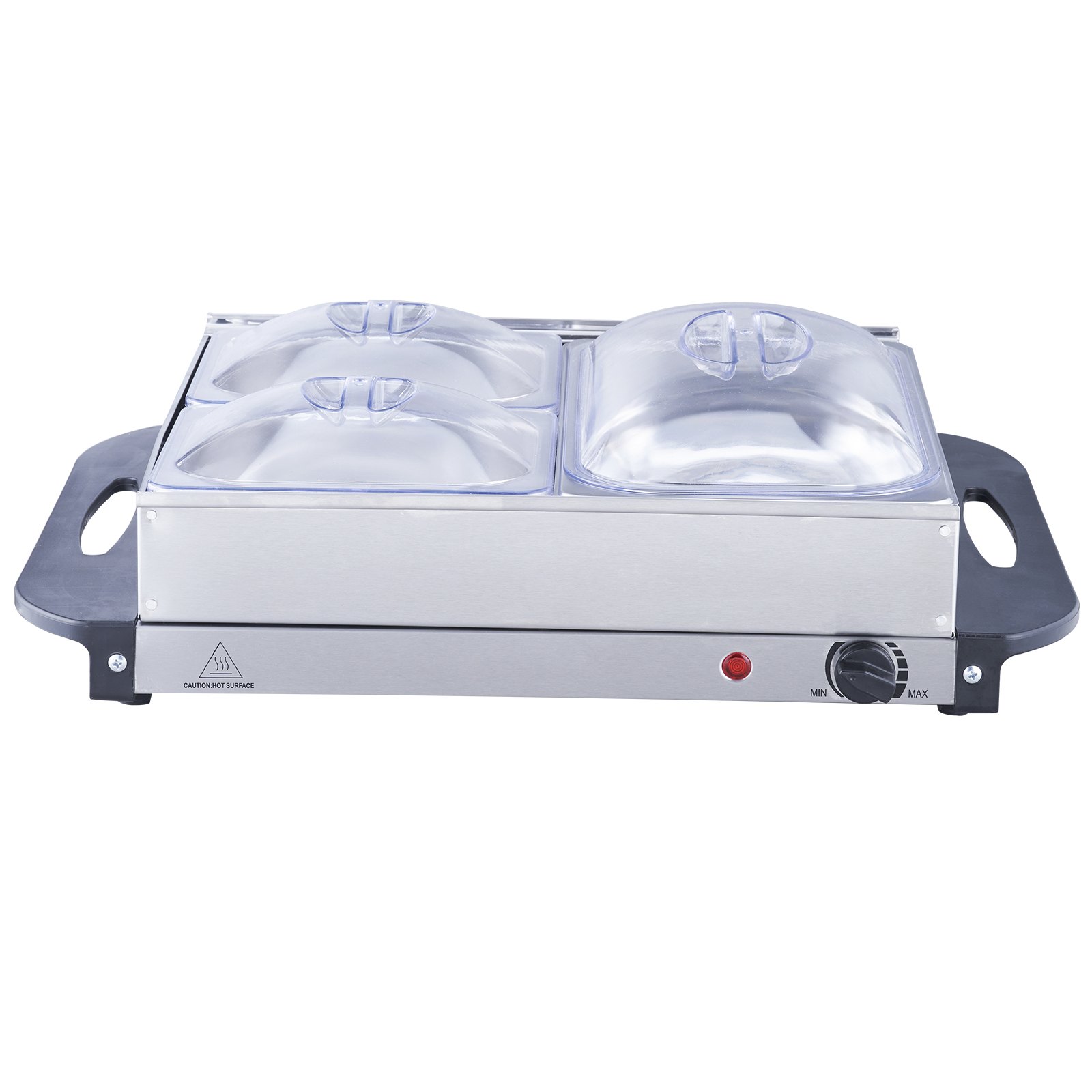 Servidor de buffet eléctrico VEVOR con 4 bandejas cubiertas, cuerpo de acero inoxidable y perilla de control de temperatura.