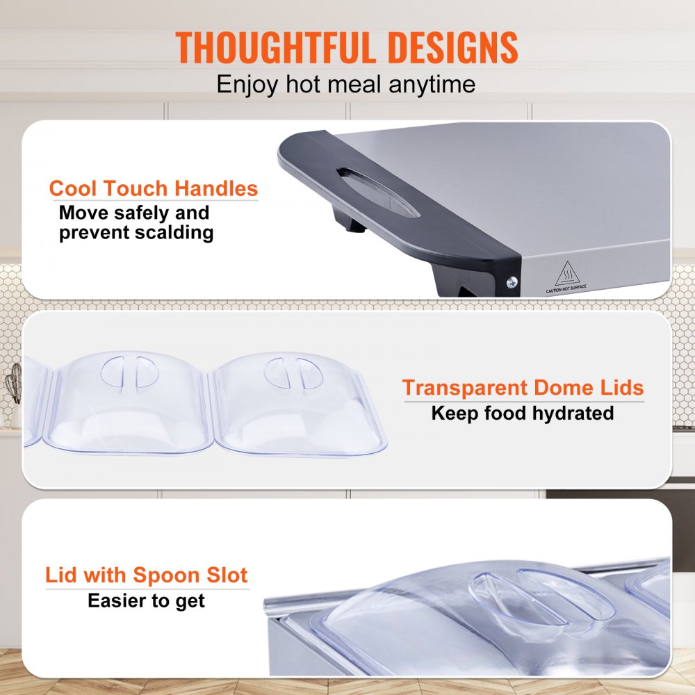 Servidor de buffet eléctrico y calentador de alimentos VEVOR, juego de plato de calentamiento portátil de acero inoxidable de 65 x 38 cm con control de temperatura y bandeja apta para horno, perfecto para catering, fiestas, eventos y entretenimiento, plateado, ETL