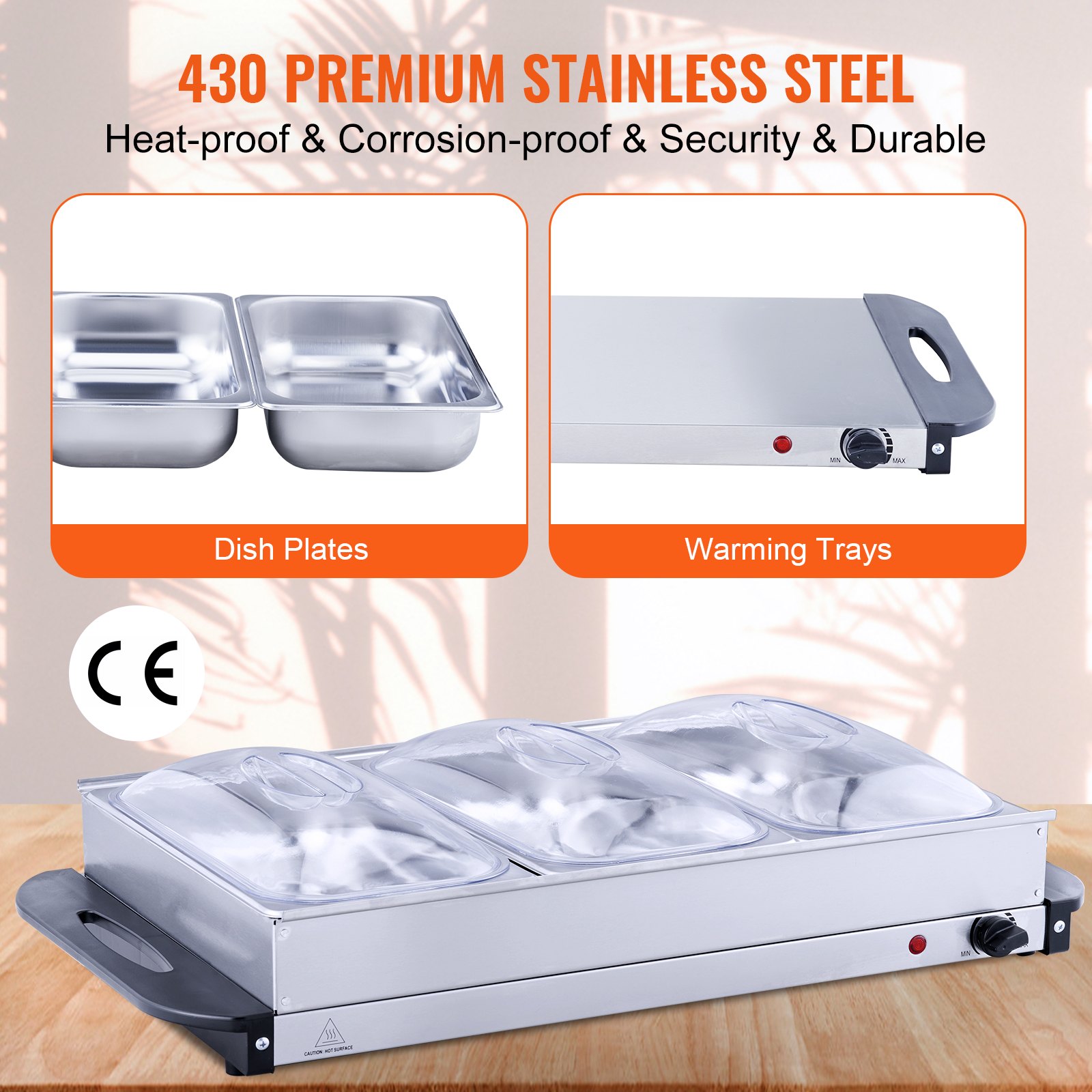 Servidor de buffet eléctrico y calentador de alimentos VEVOR, juego de plato de calentamiento portátil de acero inoxidable de 65 x 38 cm con control de temperatura y bandeja apta para horno, perfecto para catering, fiestas, eventos y entretenimiento, plateado, ETL
