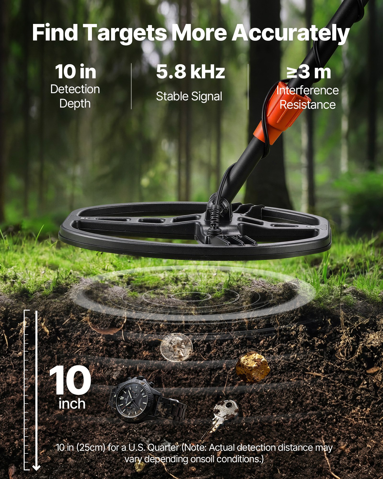 Detector de metales VEVOR para adultos, 10", detector de oro profesional de alta precisión, bobina de búsqueda impermeable IP68 con pantalla, auriculares, 5 modos, longitud ajustable, para detectar oro y buscar tesoros.