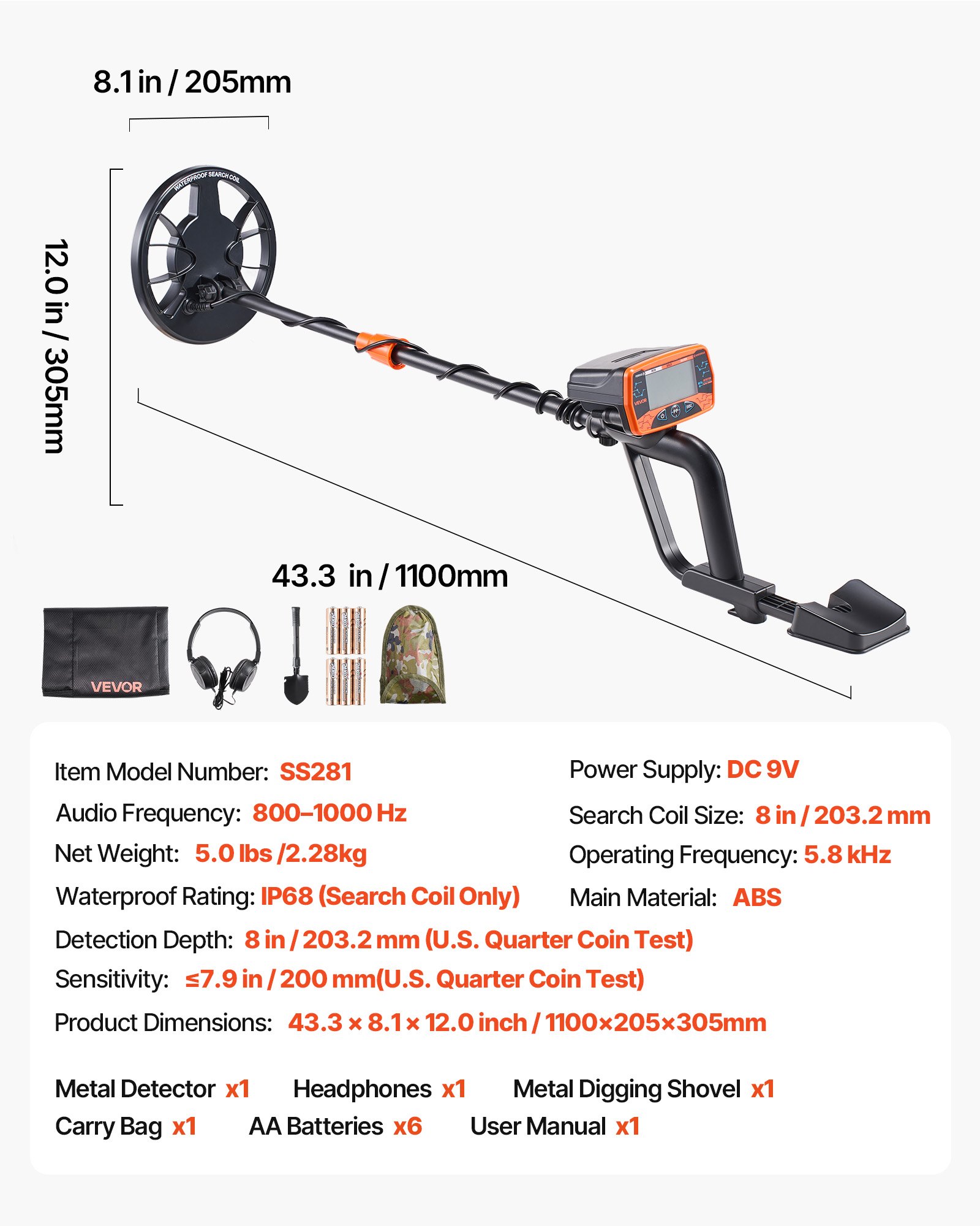 Detector de metales VEVOR para adultos, 8", detector de oro profesional de alta precisión, bobina de búsqueda impermeable IP68 con pantalla, auriculares, 3 modos, longitud ajustable, para detectar oro y buscar tesoros.