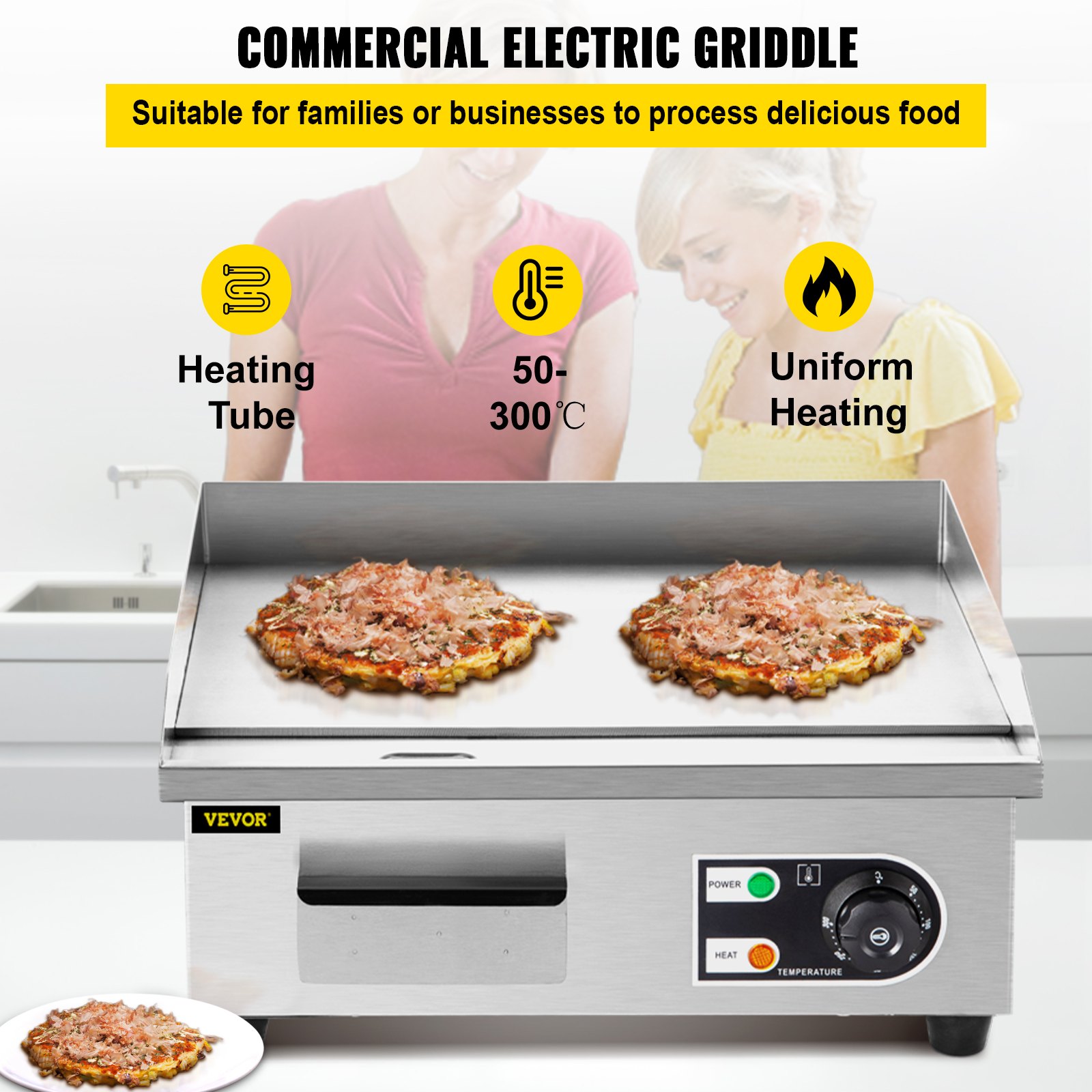 VEVOR Plancha Eléctrica 1500W Plancha de Asar de Acero Inoxidable 36 x 39 x 22 cm Parrilla Barbacoa Eléctrica 50-300 ℃ para Panqueques, Tocino Crujiente, Queso Asado, Desayunos Ricos, Platos Fritos