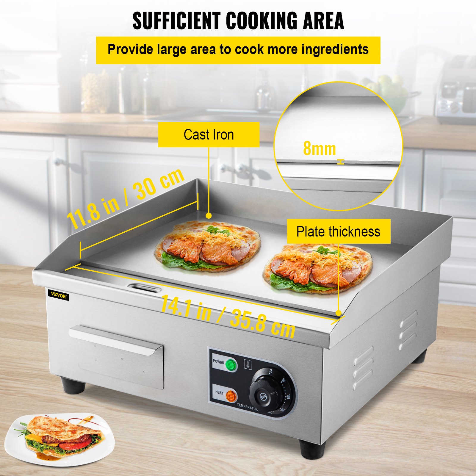 VEVOR Plancha Eléctrica 1500W Plancha de Asar de Acero Inoxidable 36 x 39 x 22 cm Parrilla Barbacoa Eléctrica 50-300 ℃ para Panqueques, Tocino Crujiente, Queso Asado, Desayunos Ricos, Platos Fritos