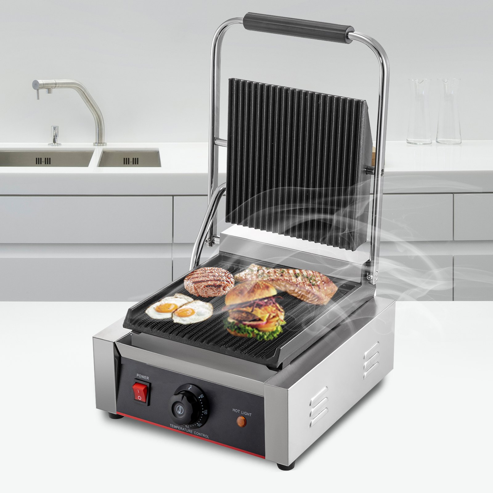 VEVOR Parrilla Eléctrica Sanwichera 1800 W Plancha Cocina de Acero Inoxidable 50-300 ℃ Plancha Grill Sandwichera Plancha Parrilla Eléctrica Comercial Plancha de Asae Eléctrica 300 x 400 x 210 mm