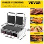 VEVOR Parrilla Eléctrica Commercial Sandwich Panini Press Grill 2X1800W Placas planas dobles Sandwichera eléctrica de acero inoxidable