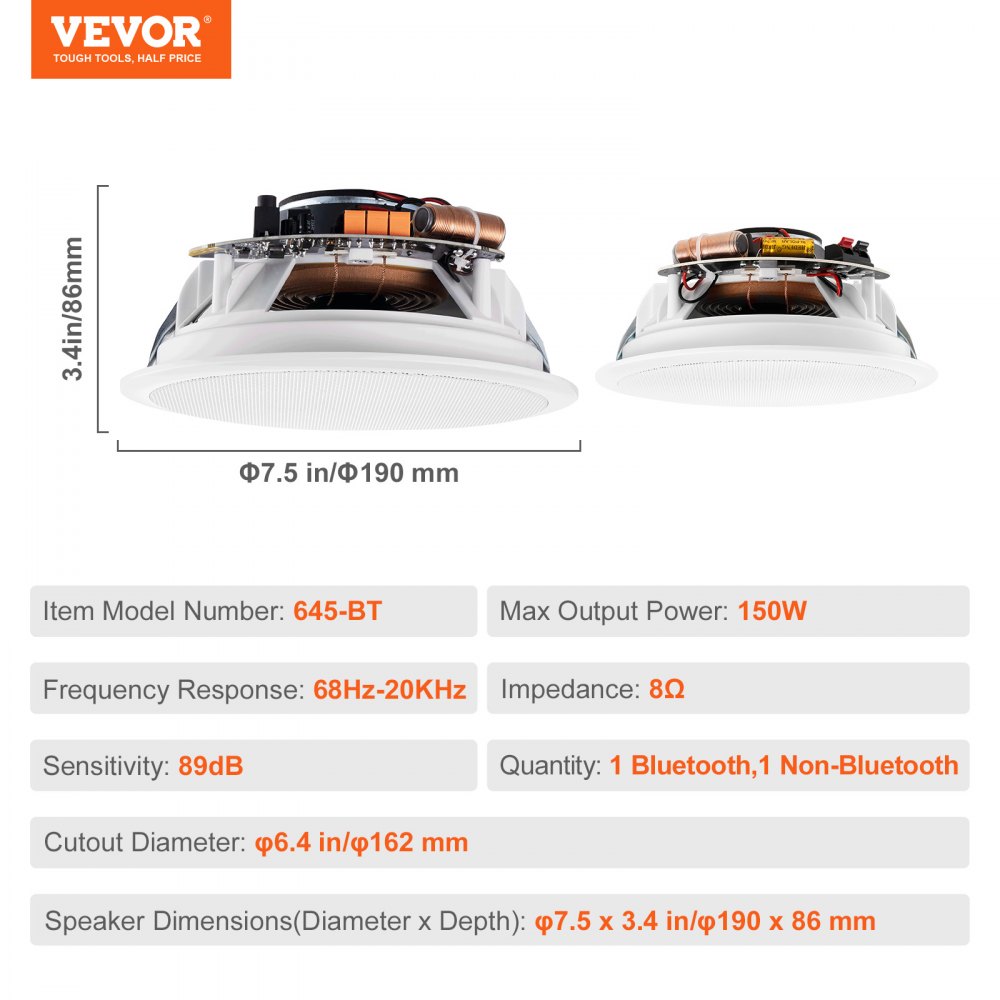VEVOR 2 altavoces de techo Bluetooth de 6,5 pulgadas, 150 W, sistema de altavoces de pared y techo de montaje empotrado con impedancia de 8 Ω, sensibilidad de 89 dB, para el hogar, cocina, sala de estar, dormitorio o porches cubiertos al aire libre