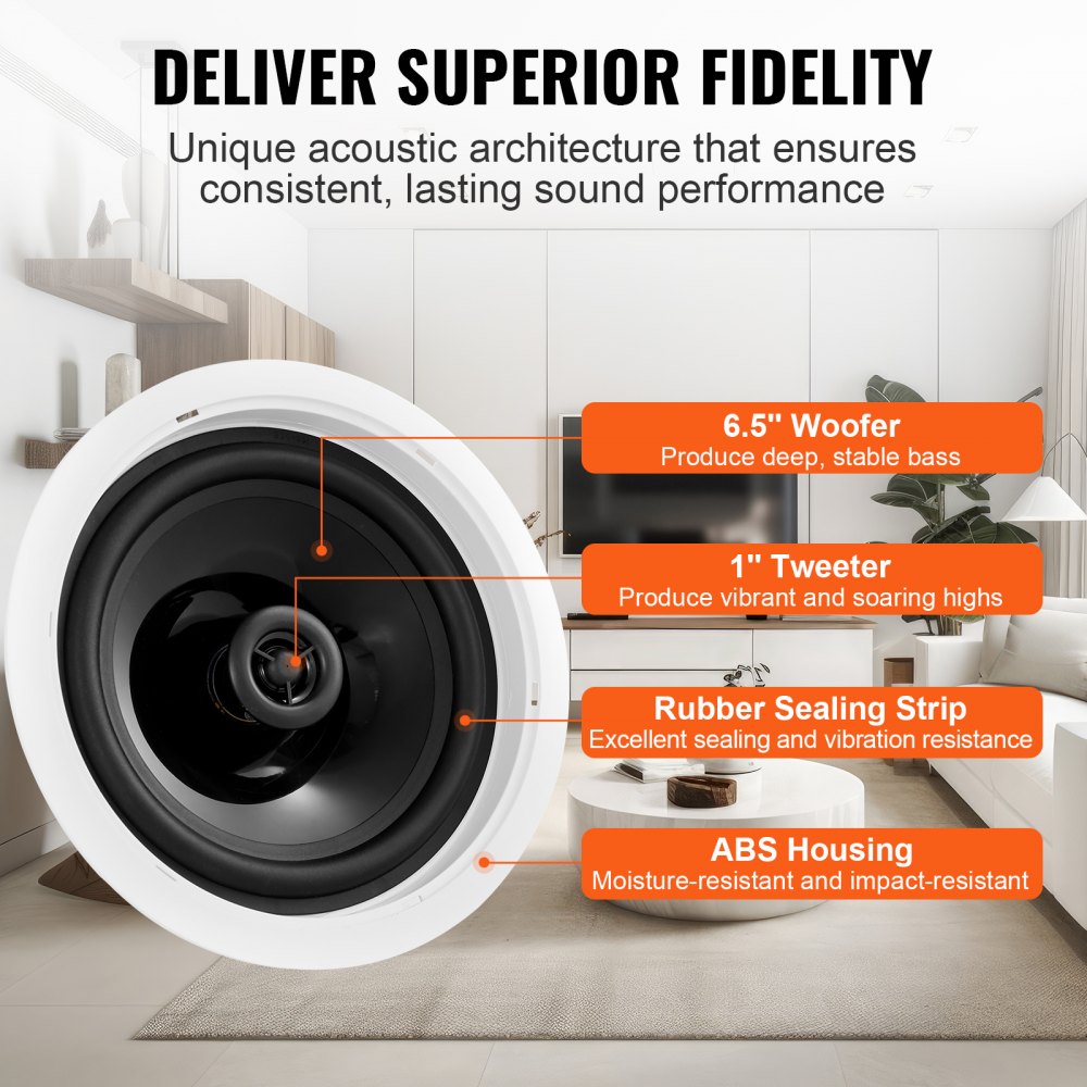 Altavoces de techo VEVOR con woofer de 6,5&quot;, tweeter de 1&quot;, tira de sellado de goma y carcasa de ABS para un sonido superior.