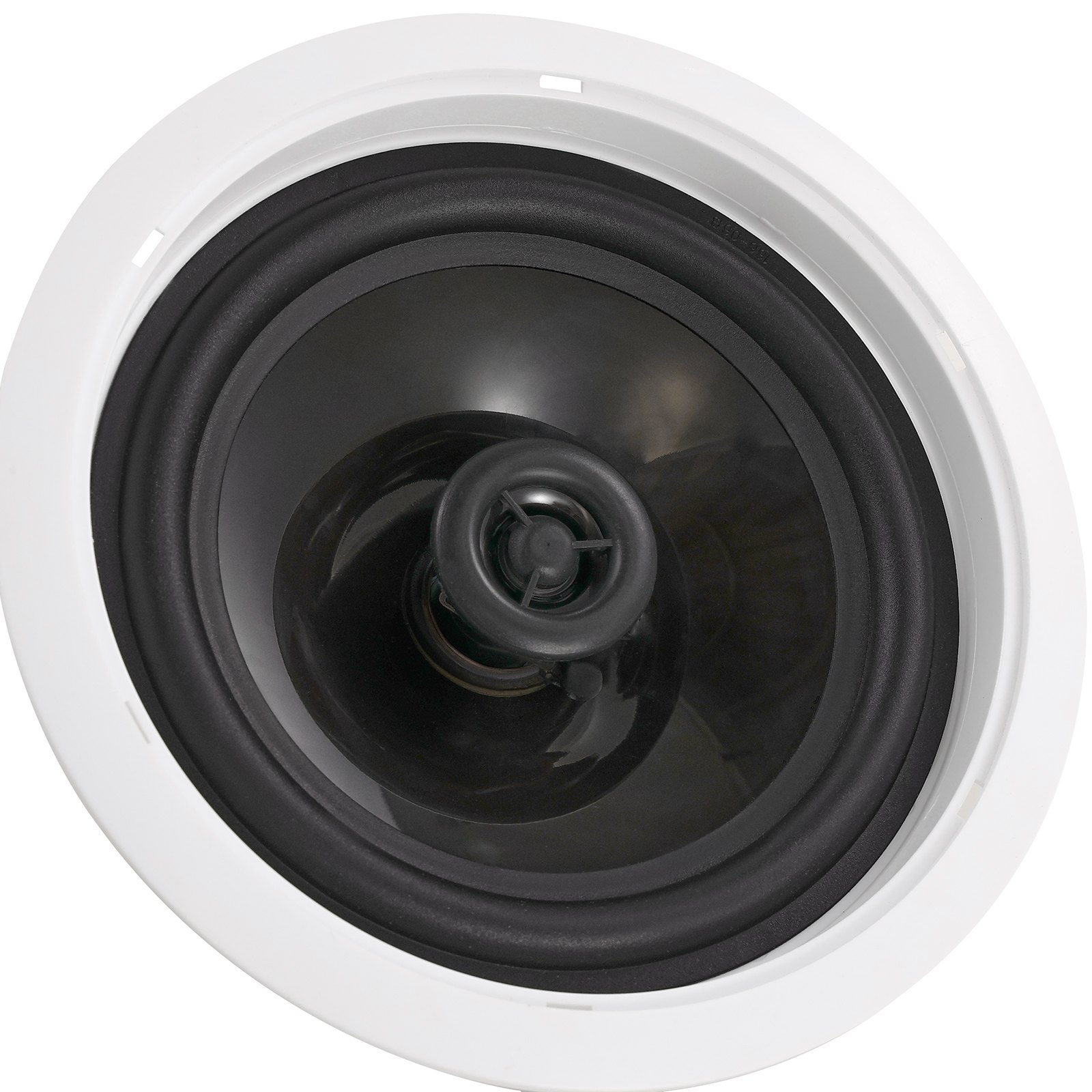 Altavoz de techo VEVOR blanco con woofer negro y diseño compacto