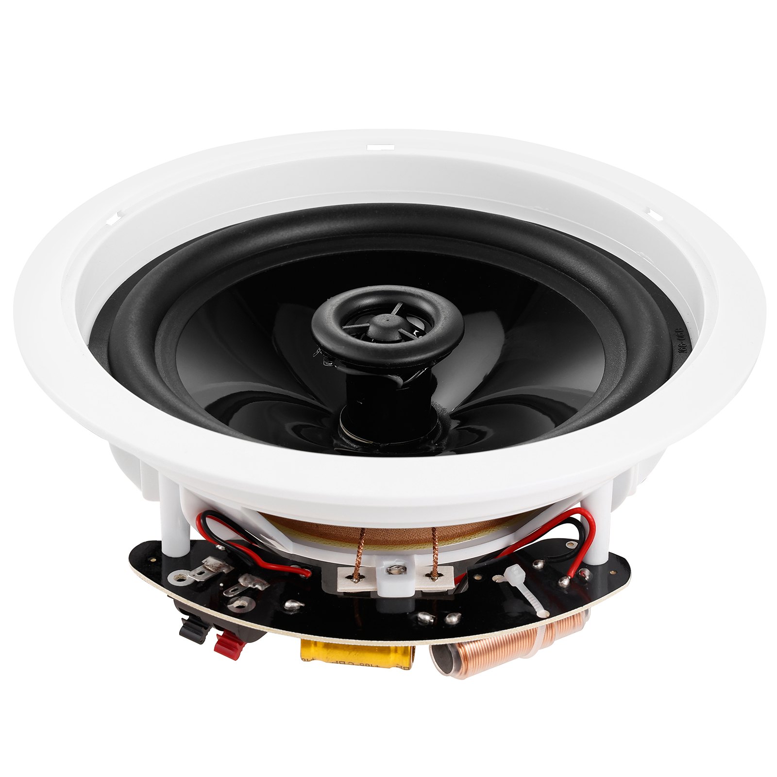 Altavoces de techo VEVOR con rejilla circular blanca y cableado expuesto en la parte inferior.