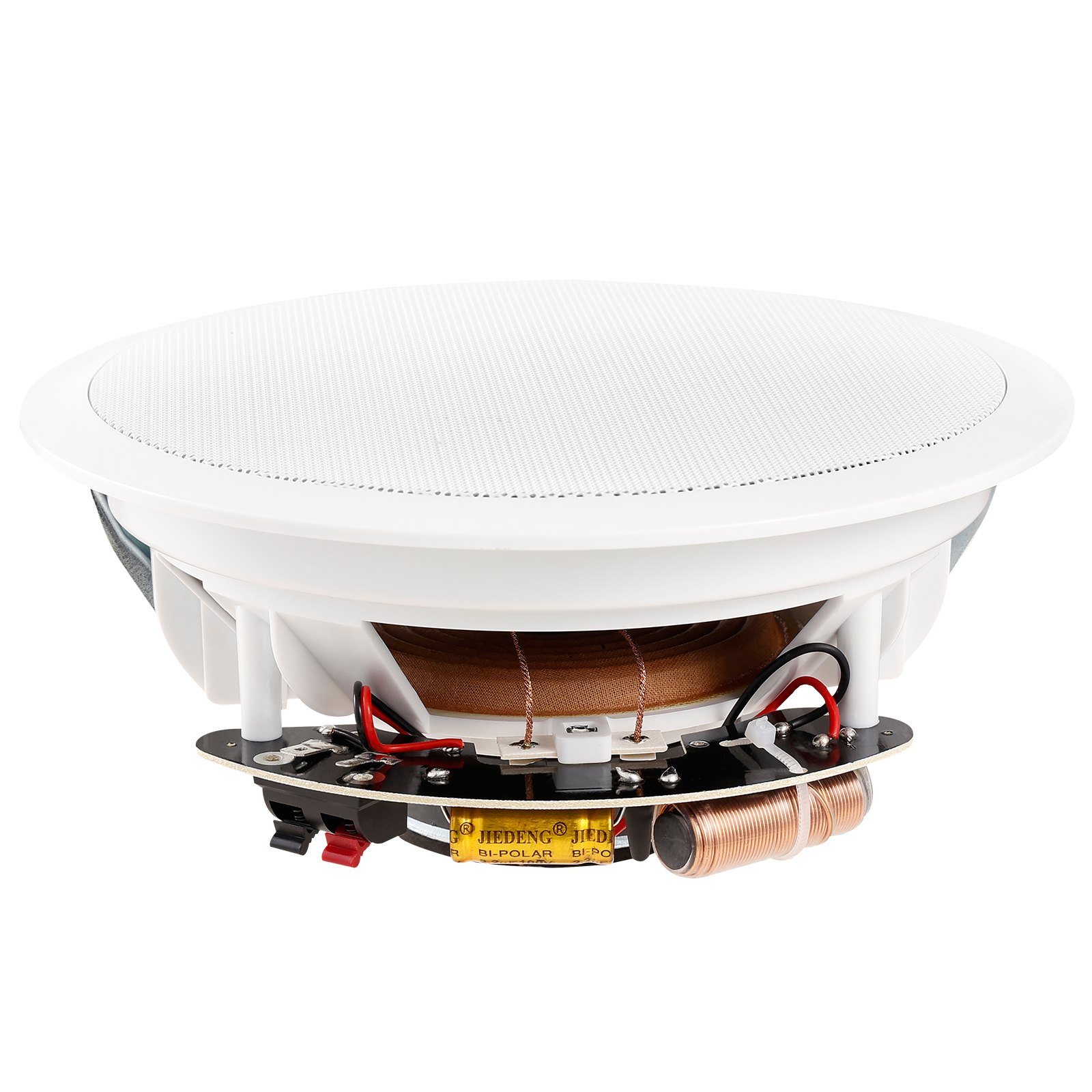 Altavoz de techo VEVOR con rejilla blanca, que muestra el cableado interno y los componentes.