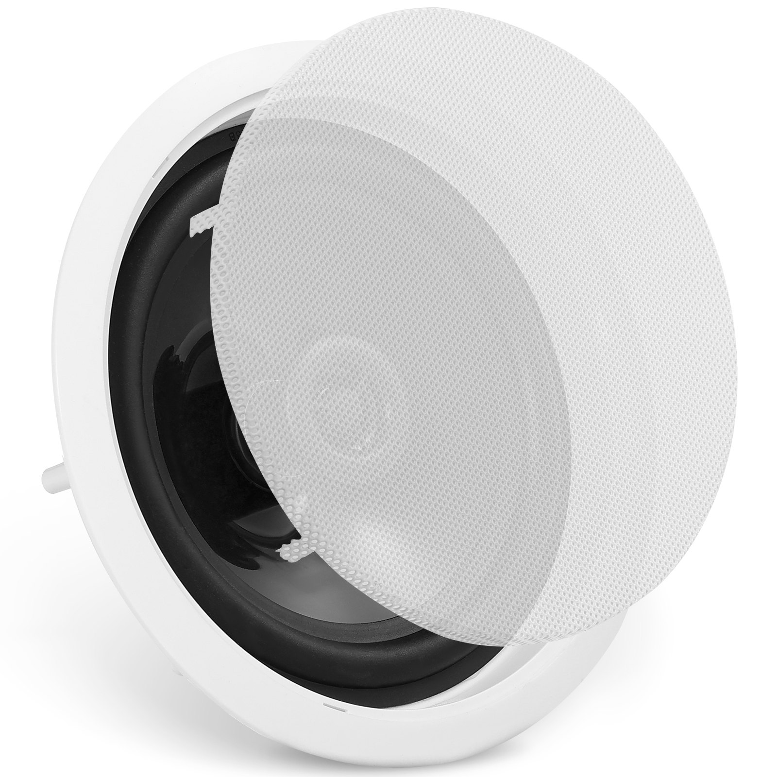 Altavoz de techo VEVOR blanco con una rejilla parcialmente retirada que revela el cono del altavoz negro.